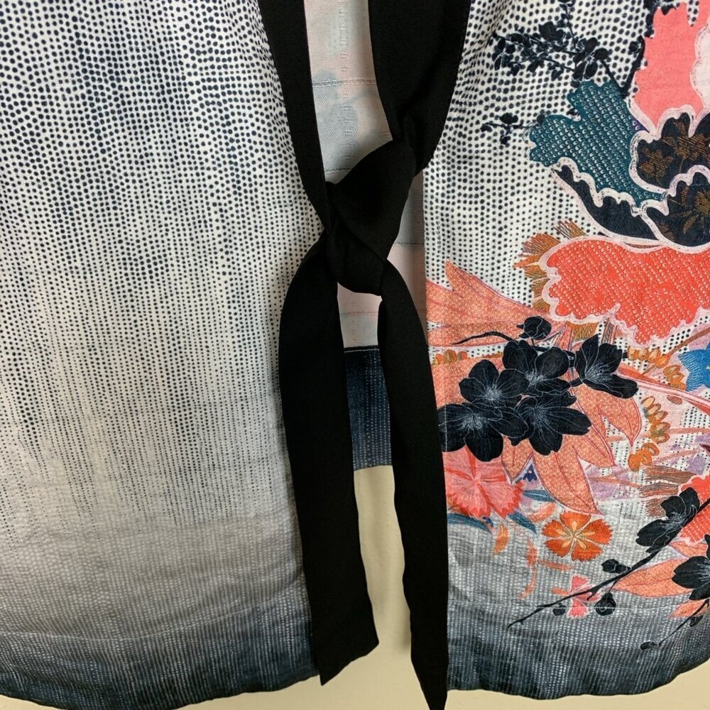IC By Connie K Womens S Kimono Cardigan Floral Artsy Tie Asian Jacket Tunic Top - Picture 7 of 13